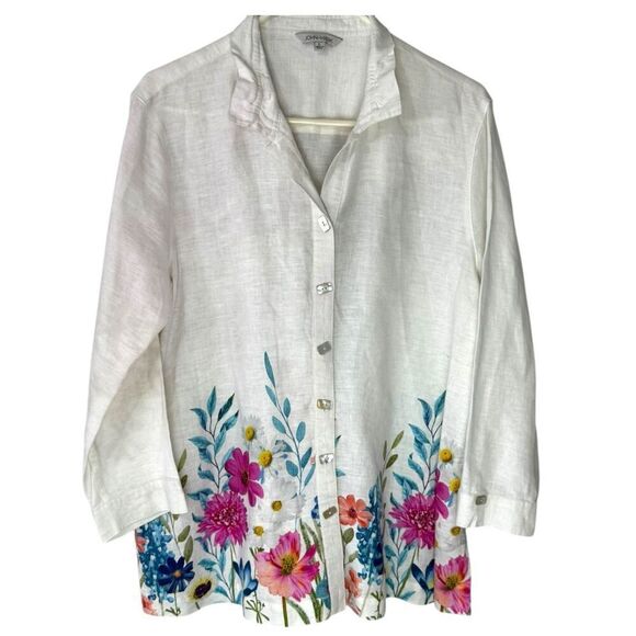 John Mark 100%‎ Linen Floral Border Wire Collar Button Front Size Large - Picture 4 of 12